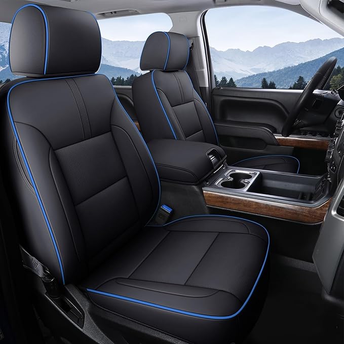 Coverado Chevy Silverado Seat Covers, Faux Leather Seat Covers Fit for Chevy Silverado GMC Sierra 2007-2026 1500, 2015-2026 2500HD 3500HD Crew Double Extended Cab (Front,Blueline)