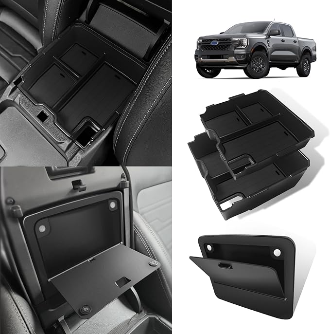 Muslogy Center Console Organizer Two-Layer & Hidden Box Magnet Opening Design Compatible with Ford Ranger 2024 2025 2026 & Raptor Accessories Secret Organizer Insert Tray Divider Storage Box