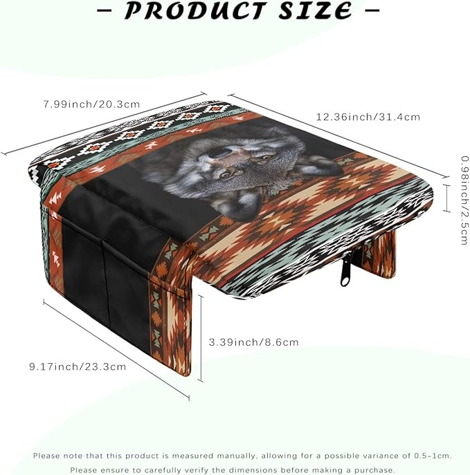 Wanyint Aztec Wolf Black Car Center Console Cover Scratch Resistant Armrest Seat Box Cover with Organizer Pockets Console Lid Protector Cushion Fit for Most Cars Vehicles SUVs