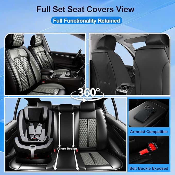 Fit Insight Car Seat Covers for Honda Insight 2010-2022 Premium Leather, Airbag Compatible, Scratch-Resistant, Waterproof All Weather Seat Protector, Airbag Compatible, Front Pair Black+Gray