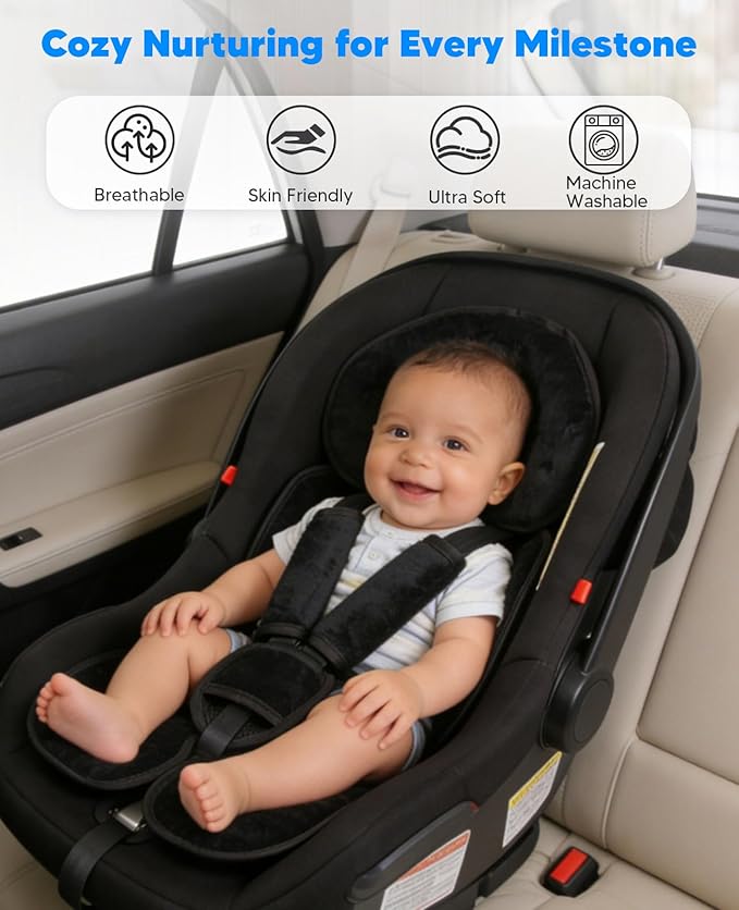 Infant Car Seat Insert for Newborn Girls Boys, 3 in 1 Reversible Cushion for Carseat with Strap Pads Buckle Cover Extra Soft Carseat Support Pad for All Season, Black
