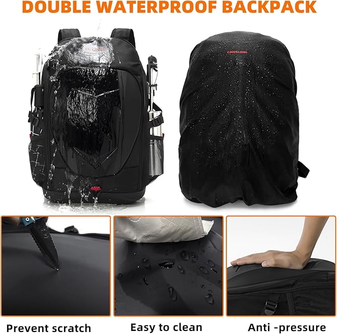KINGSLONG 17 Inch Laptop Backpack with Hardshell, Armored Backpack with USB Port and Lightweight Rain Cover for Motorcycle Outdoor Racing Waterproof Rucksack Black