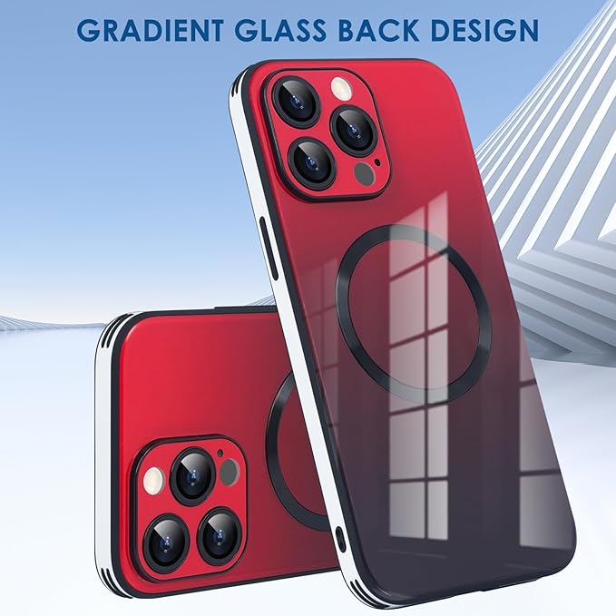 Guppy Compatible with iPhone 14 Pro Max Case Magnetic, with Full Camera Lens Protector [Compatible with MagSafe] Scratch Resistant Gradient Glass Back Cover Phone Case-Red