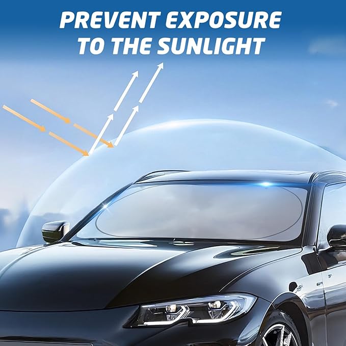 Car Windshield Sun Shade, Reflective Windshield Sunshade with Storage Pouch for UV Rays & Heat Protection, Foldable Sun Blocker Fits Sedan, SUV & Hatchback