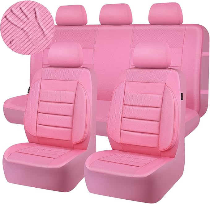 CAR PASS Pink Leather Seat Covers Full Set Universal Water Resistant 3D Foam Back Support, Luxury Comfort Automotive 5 Seat Covers for Women All Season Fit SUV,Sedan,Van, Airbag Compatible Pink