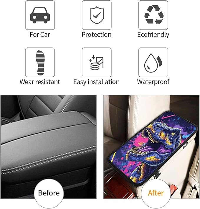Universal Car Center Console Cushion Pad, Dinosaur Purple Blue Soft Waterproof Car Center Console Cover Auto Armrest Seat Box Cover Protector for Most Vehicle SUV Truck Car