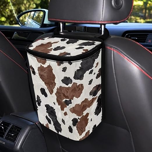Brown Cowhide Car Trash Can with Lid, Cute Leakproof Car Trash Garbage Bag Hanging Vehicle Trash Bin Small Portable Automotive Garbage Cans Organizer for Back/Front Seat/Console