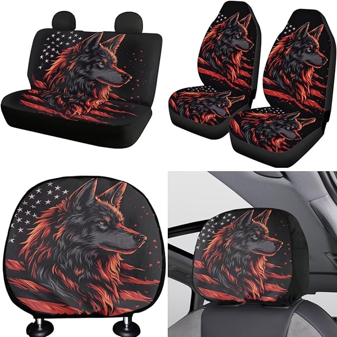 FKELYI Wolf Car Seat Covers Full Set for Men American Flag Non-Slip Seat Protector with Cup Coasters,Gear Shift Cover&Handbrake Cover, Steering Wheel Cover, Headrest Covers