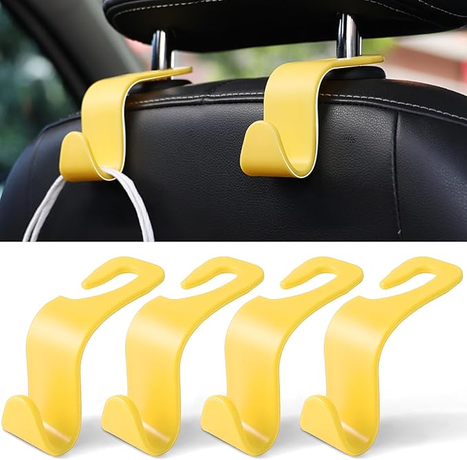 LivTee Car Seat Headrest Hook, Car Headrest Hidden Hook, 4 Pack Universal Auto Car Back Seat Hook Organizer for Purse Coat, Car Interior Accessories (Yellow)