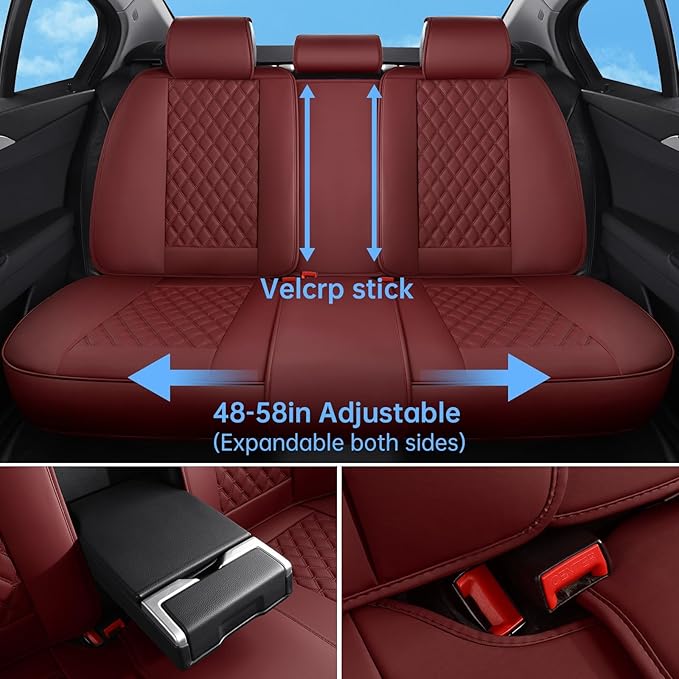 Car Seat Covers Full Set Burgundy, Luxury Faux Leather Waterproof Women Non-Slip Seat Protector Universal Fit for Most Cars SUVs Trucks Pick-ups Car Accessories Interior (Wine Red-Full Set)