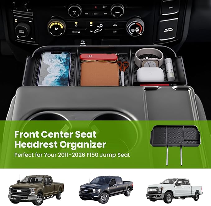 Front Center Console Organzier Headrest Tray Compatible with 2011-2025 2026 Ford F150 F250 F350 F450 F550 F650, Jump Seat Storage Container Box Armrest Table Desk Insert Accessories (Jump Seat Only)