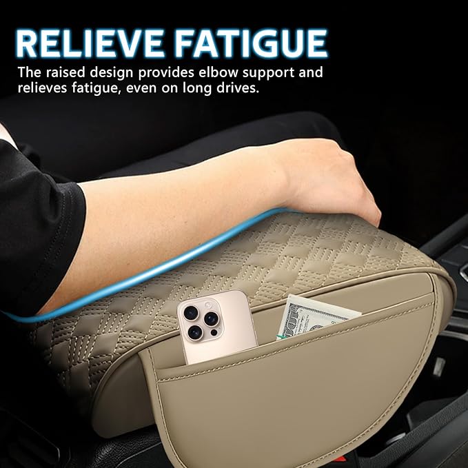wuyaoyao Car Center Console Cover, 12.2"×8.27"×1.97" Leather Center Console Protector, Auto Armrest Pad with 2 Storage Pocket, Universal Armrest Cover Cushion for Most Cars, Trucks, SUVs (Beige)