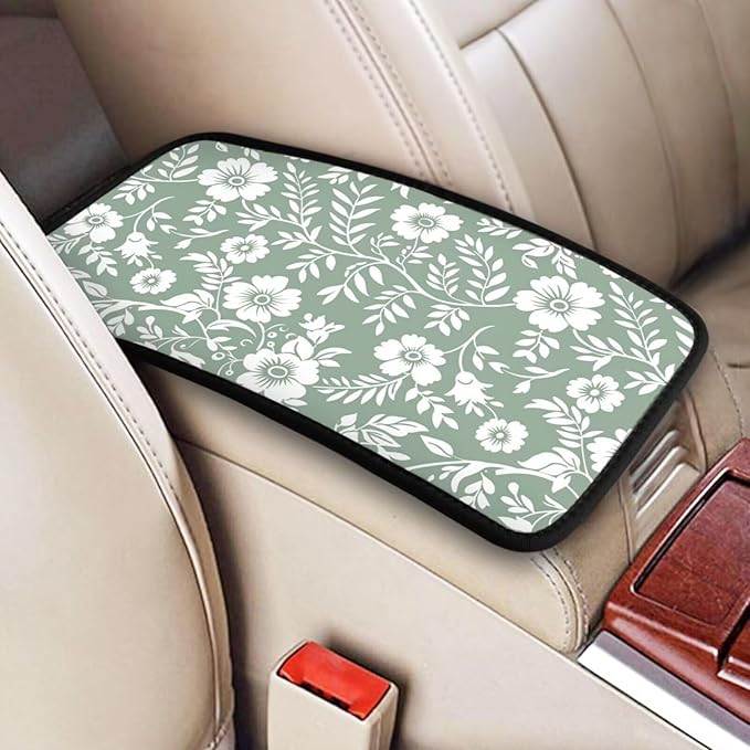 Car Center Console Armrest Cover Floral Cute Arm Rest Cover for Truck Van Sedans Leaf Sage Green Car Center Console Cushion Pad Flower Car Accessories