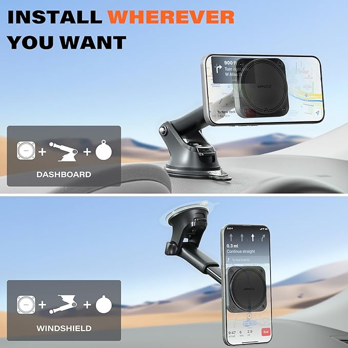 APPS2Car for MagSafe Car Mount, Extra Strong Hold Magnetic Phone Holder with 20xN55 Magnets, Suction Cup Stand for Windshield Dashboard, Adjustable Telescopic Arm, Fit for iPhone Samsung
