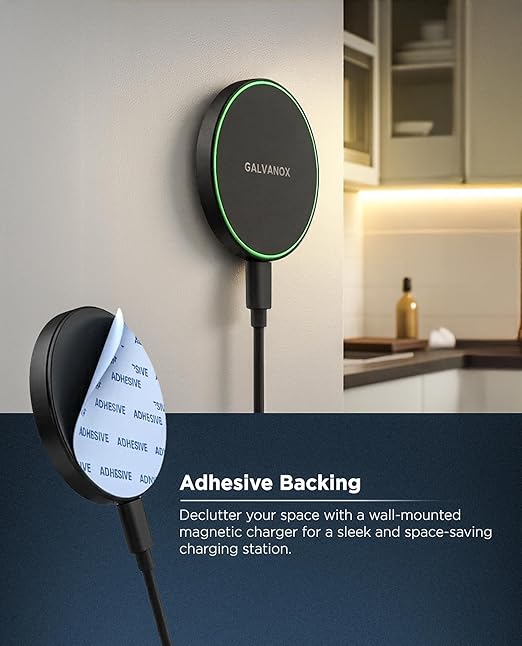 Galvanox Stick-On Magnetic Wireless Charger, Compatible with MagSafe (15W) iPhone Fast Charging, Low-Profile Pad for Wall, Home Office, Magnet Car Mount with Removable USB-C (Adhesive Mounting)