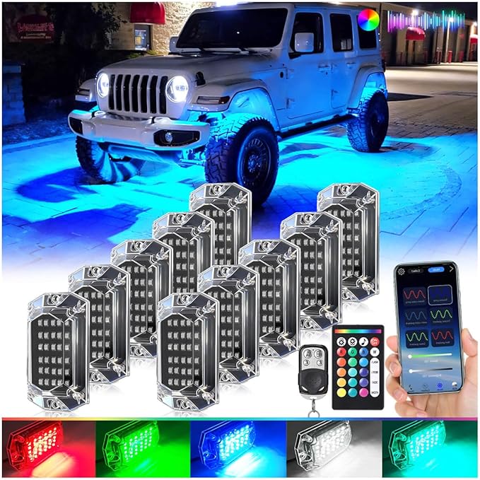 10Pods Full Angle RGB LED Rock Lights Full Kit for Jeep Truck ATV UTV SXS RZR Golf Cart Offroad Pickup,300Chip Waterproof Multicolor Underglow Light with APP/RF Remote, Neon Underbody Accent Light 12V