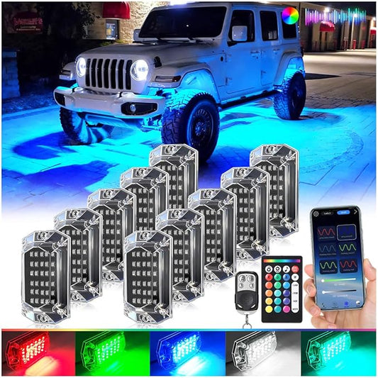 10Pods Full Angle RGB LED Rock Lights Full Kit for Jeep Truck ATV UTV SXS RZR Golf Cart Offroad Pickup,300Chip Waterproof Multicolor Underglow Light with APP/RF Remote, Neon Underbody Accent Light 12V