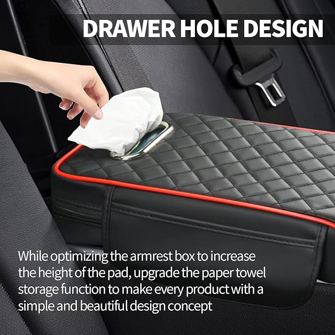 Car Center Console Cover, Leather Car Armrest Box Pad with Pocket and Tissue Box Arm Rest Cushion Universal Car Seat Box Cover Car Interior Accessories for SUV/Truck/Vehicle (Black+Red)