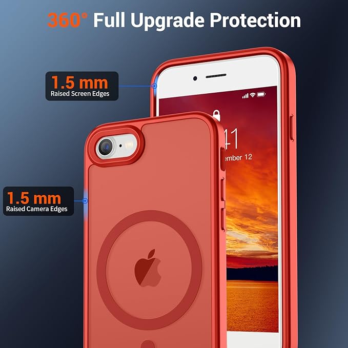 SUPFINE Magnetic for iPhone SE Case 2022 (3rd)/2020 (2nd), iPhone 8 Case (Compatible with MagSafe) (Military Grade Drop Protection) Slim Translucent Matte Phone Case,Red