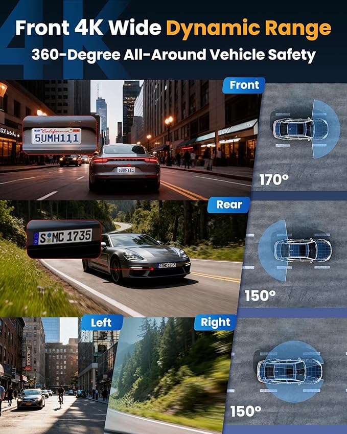 4 Channel 360° Dash Cam Front Rear Inside & Left Right,4K+1080P*3 FHD Car Camera,5GHz WiFi & App Control,8 IR Lamps Night Vision,24H Parking Mode,G-Sensor,Loop Recording,Includes 64GB SD Card（Black）