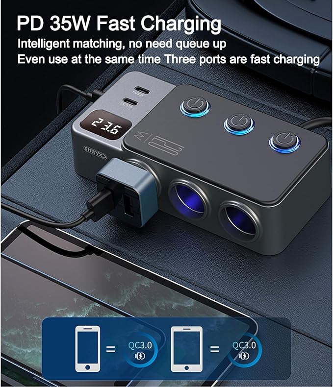Cigarette Lighter Splitter, 8 in 1 Car Cigarette Lighter Adapter PD 35W Car Charger 3-Socket Heavy Duty Truck Multi Port USB C 12V/24V Independent Switches LED Display Super Fast Charger Car Devices