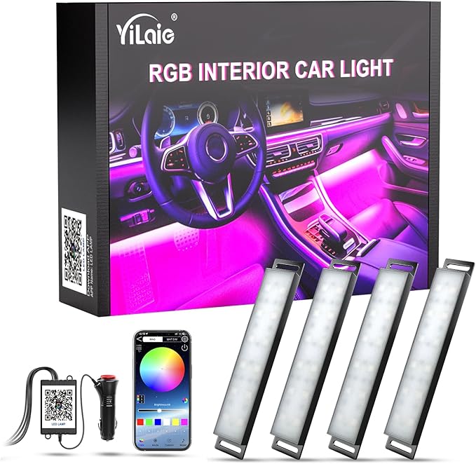 Yilaie Car LED Lights Interior, RGB Under Dash Lighting Multicolor with App Control, Music Sync and DIY Mode, Car Decorations Interior for Ambient Lighting with Charger Dc 12V