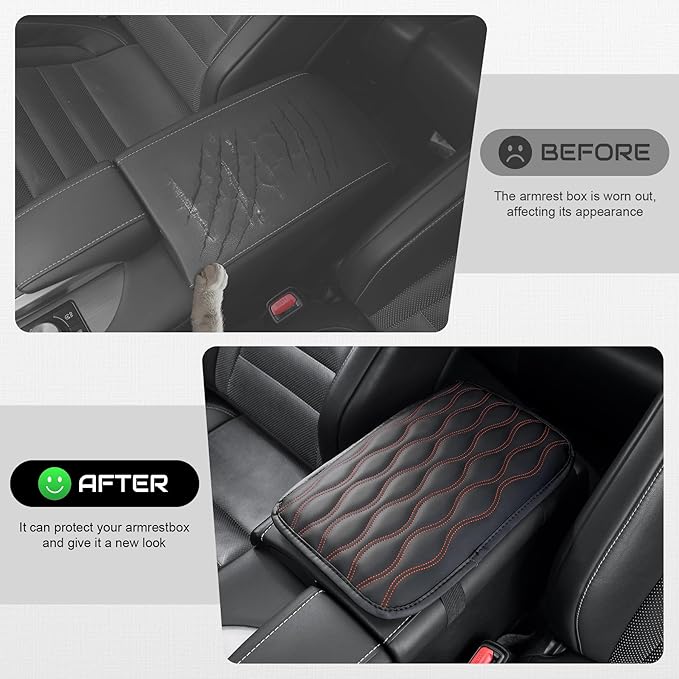 Amiss Auto Center Console Pad, Universal Waterproof Armrest Seat Box Cover, Car Interior Accessories, Leather Auto Armrest Cover Protector for Most Vehicle, SUV, Truck (Orange-Line)