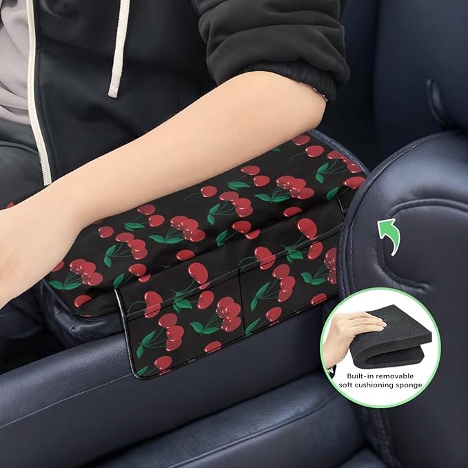 Wanyint Cherry Black Car Center Console Cover Universal Armrest Box Protector Scratch Resistant Wear-Resistant Arm Rest Cover Pad with Pockets Storage Bag Vehicle Accessories
