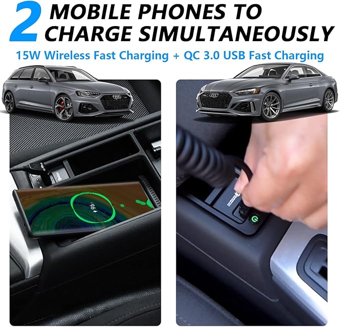 Wireless Car Charger for Audi A4/S4/A5/S5/RS5 2017 2018 2020 2021 2022 RS4 2019 2020 2021 2022, 15W Fast Charging Phone Charger Pad with QC3.0 USB Port for iPhone 12/13/13Pro Galaxy S22/S21