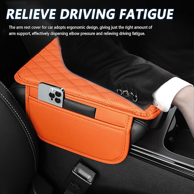Upgraded Car Center Console Cover,Microfiber Leather Car Armrest Cover Cushion with 2 Storage Bags,Universal Car Armrest Storage Box Car Interior Accessories Fit Most Cars (Orange)