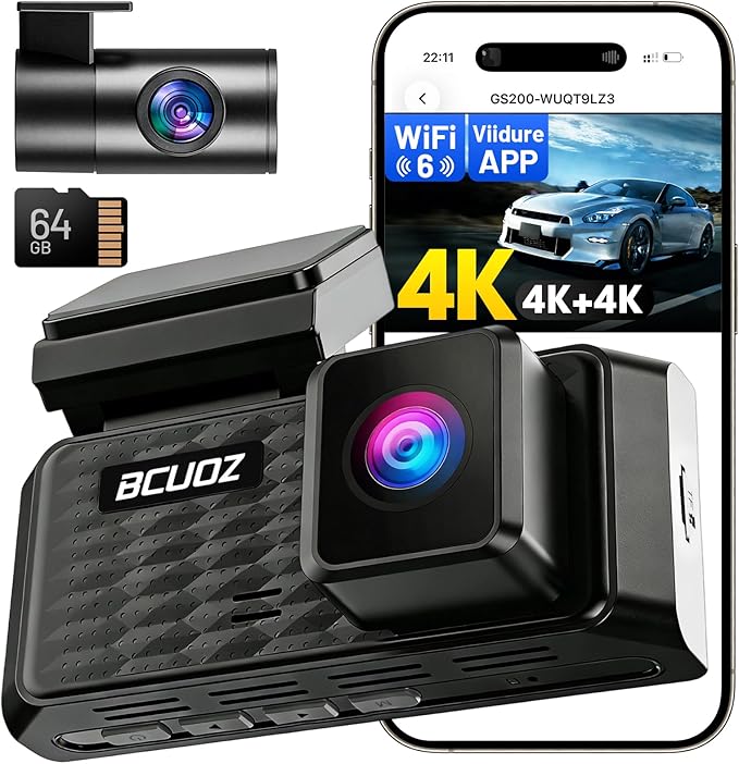 4K+4K Dual Dash Cam Front and Rear, 5.8GHz WiFi Dash Camera for Cars with 3.39" IPS Touchscreen, 170° Wide Angle, G-Sensor, 24H Parking Mode, Free 64GB Card Included (GS200)