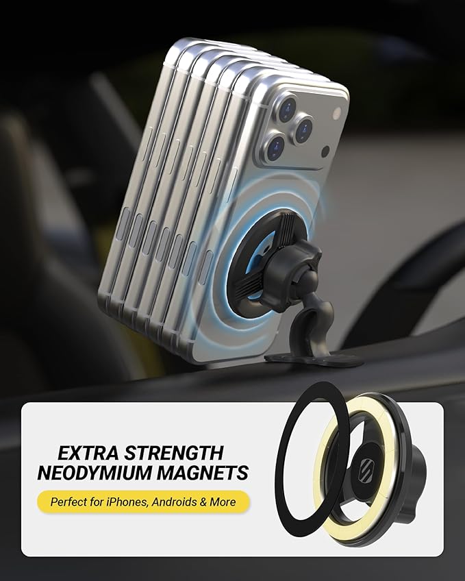 Scosche MagSafe Car Mount, Magnetic Phone Holders for Your Car Dashboard, Strong Magnetic Hold, 360° Rotatable Car Phone Holder Mount for iPhone 17 16 15 14 13 12 Includes Magnetic Ring, 2-Pack