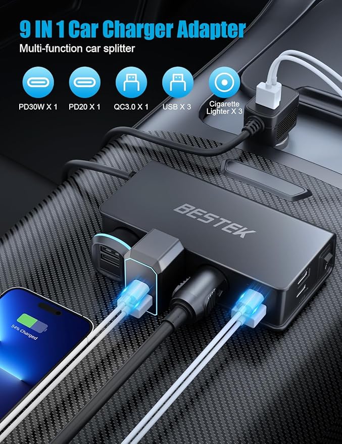 BESTEK 9 in 1 Cigarette Lighter Splitter 148W 3-Socket Car Cigarette Lighter PD30W and 4 USB-A QC3.0 18W with LED Display 12V/24V Cigarette Lighter Adapter for Dash Cam, GPS, iPad/Laptop/Phone