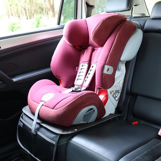 Car Seat Protector Leather Waterproof Child Safety Seat Protector Cover with Thick Pad and 2 Large Pockets Durable Kick Mat for All Auto Seat (Brown)