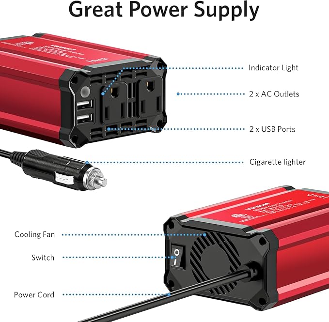 300w Power Inverter DC 12V to AC 110V - vansoet Car Plug Adapter Outlet with 3.4A Dual USB Fast Charging Port - Car Charger Cigarette Lighter Adapter for Phone, Laptop on Road Trip (Red)