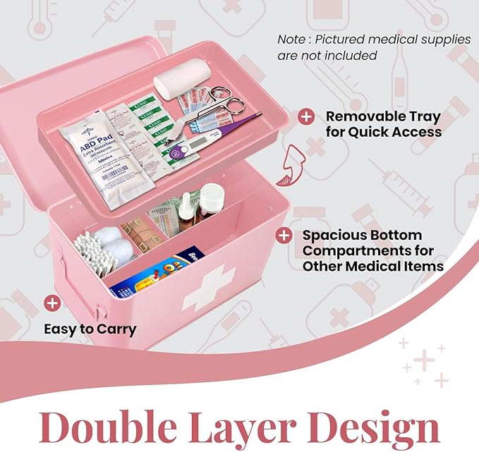Flexzion First Aid Box Organizer Empty 13" Pink Vintage First Aid Kit Tin Metal Medical Box - First Aid Storage Box Container Bins with Dividers, Removable Tray and White Cross Logo