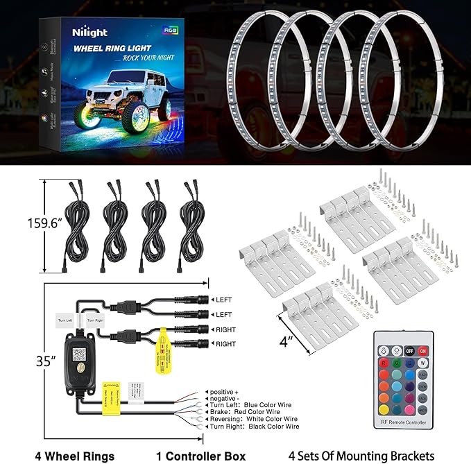 Nilight 4PCS 17.5inch LED Wheel Ring Lights RGB with APP and Remote Control Neon Lights Million Colors w/Turn Signal and Braking Function for Car Van SUV Truck