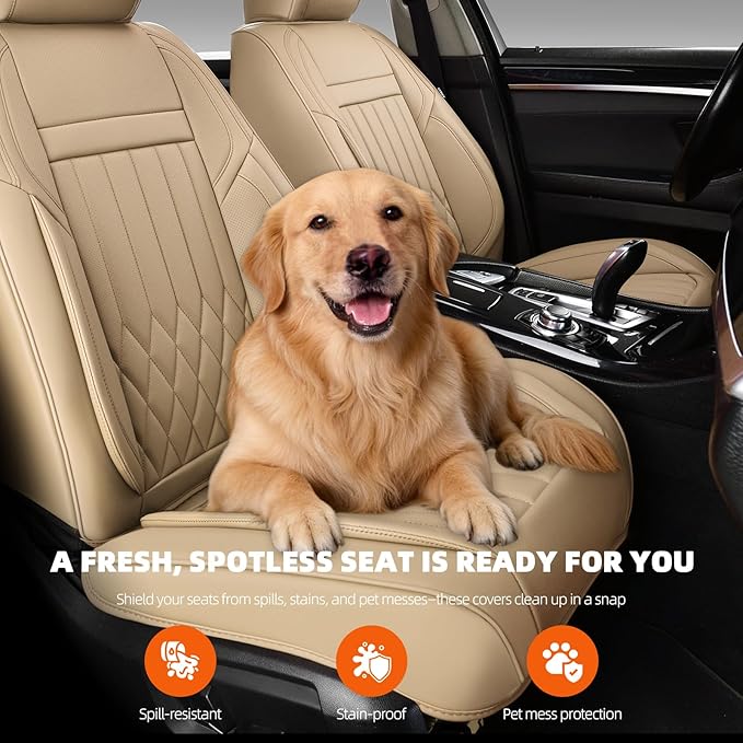 KEYOOG 2-Seater Waterproof and Breathable Nappa Leather Car Seat Covers Full Set, Fit for Front Seats of Cars, Compatible with Airbags, Car Seat Protector Covers for Most Cars - Beige