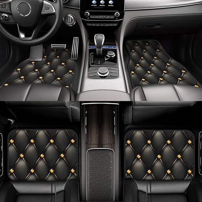 Black and Gold Leather Texture Car Floor Mats,4 Piece, Car Rug Durable Anti-Slip Waterproof Trim to Fit Liner Universal Fit Auto,Sedan,SUV,Truck