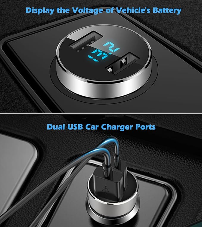 LIHAN 2 USB Car Charger,12V/24V Voltage Meter, Output 4.8A, Cigarette Lighter Plug Adapter Compatible with iPhone,iPad, Samsung, USB Charging Devices, Silver