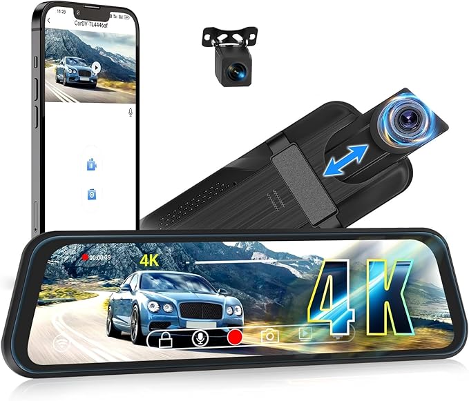 CAMECHO 4K Mirror Dash Cam Front and Rear, WiFi Rear View Mirror Camera, 9.66" Full Touch Screen, Dash Camera for Cars, Night Vision, G-Sensor, Loop Recording, Reverse Assist