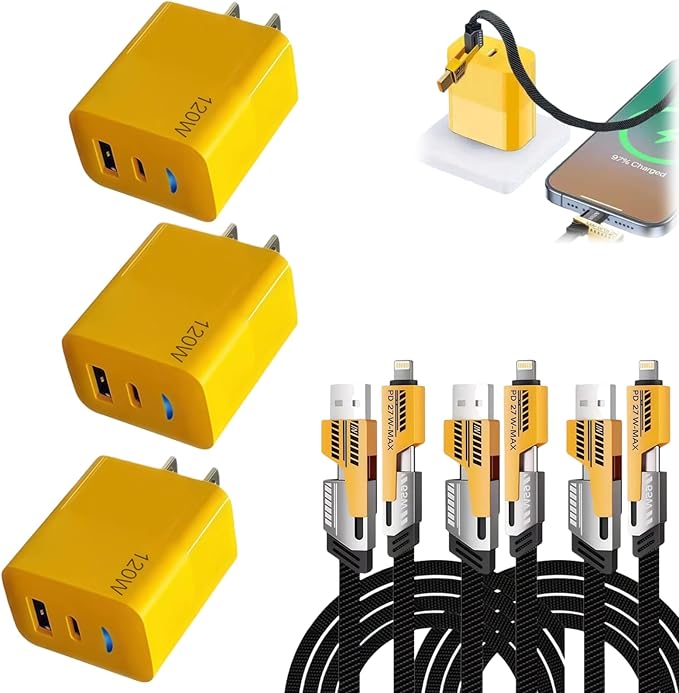 2026 New 120w Type C/USB A Dual Ports Adapter, C Chargers Fast Charging 10 Foot, Fast Phone Charger, Mechanical Style Multi-Function Cable, for Gaming Office Travel (3pcs)
