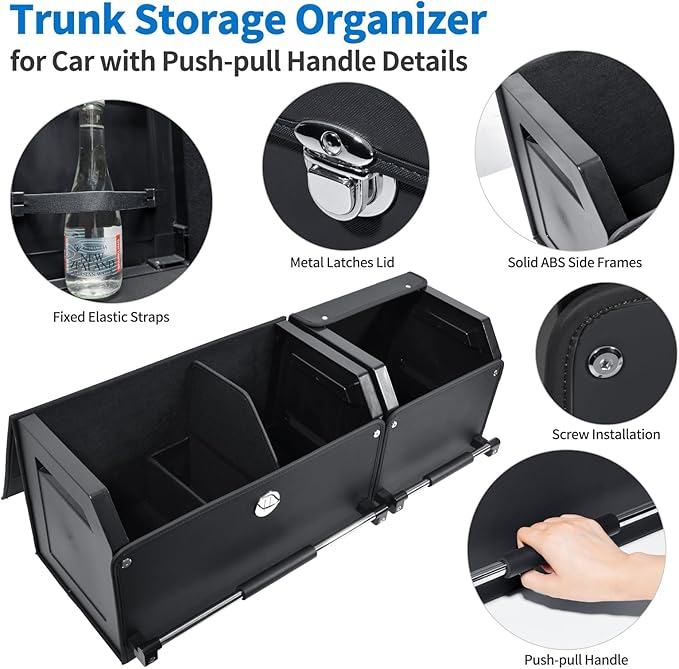 SUV Trunk Organizers and Storage, Leather Car Trunk Storage Organizer with Lid & Push-pull Handle, Combination of SUV Cargo Organizer, Waterproof Car Storage Box for Sedan Van Minivans