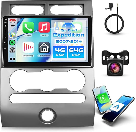 Rimoody 4G+64G Android Car Stereo for Ford Expedition 2007-2014 (Manual A/C) with Wireless Carplay Android Auto Radio, 9'' Touchscreen Head Unit GPS 5G-WiFi Bluetooth FM/RDS EQ-32 Backup Camera SWC