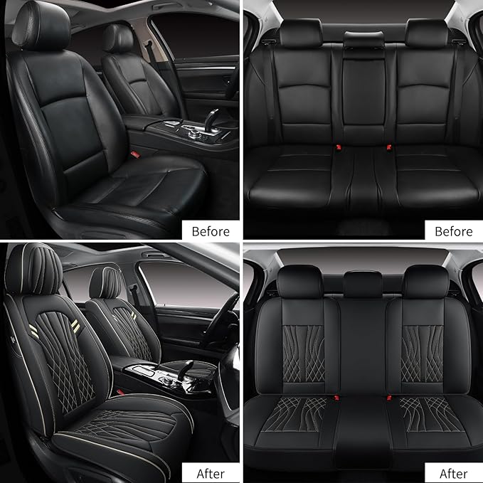 Leather Car Seat Covers 5 Pieces, Full Set Universal Seat Covers for Cars, Waterproof Nappa Leather Auto Seat Protectors, Black Car Seat Cover Most Sedans SUV Pick-up Truck Black&BeigeLine
