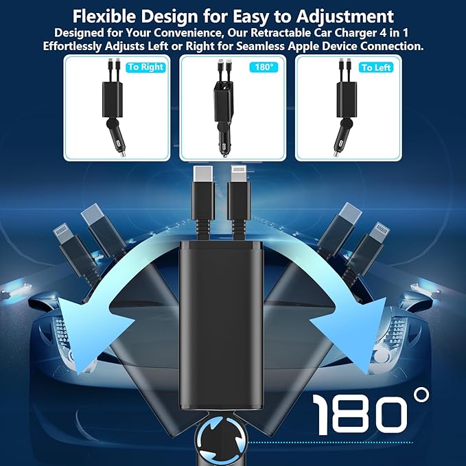 [Apple MFi Certified] Retractable Car Charger for iPhone 17, Stuffcool 120W USB C Car Charger 4 in 1 PD/QC Type C Fast Charging Cigarette Lighter for iPhone 17 17 Pro 16 15 14 13 Galaxy S26 S25 Pixel