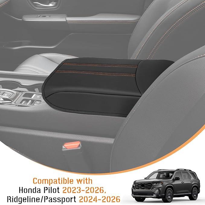 Center Console Armrest Cover Compatible with Honda Pilot 2023 2024 2025 2026, Ridgeline Passport 2024-2026, Armrest Pad Lid Cushion,Center Console Protector Pad (Orange Stitching)