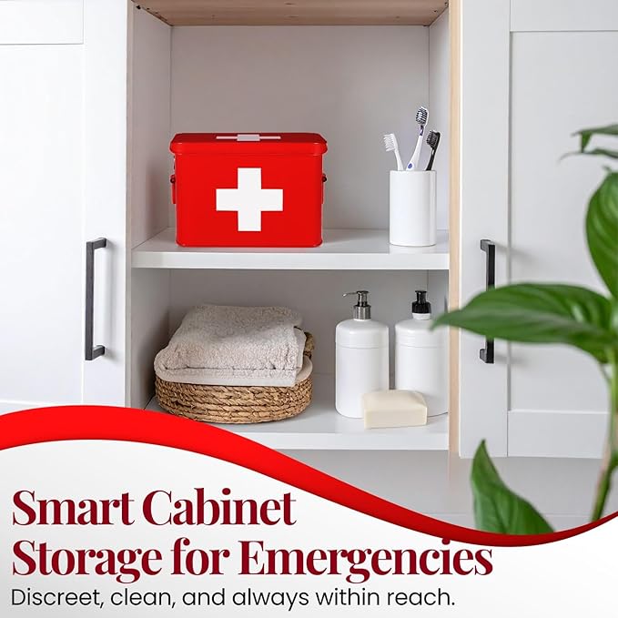 Flexzion First Aid Box Organizer, Empty 8.5 Inch Red Vintage First Aid Kit Tin Metal Medical Box First Aid Storage Box Container Bins with Dividers, Removable Tray and Cross Logo