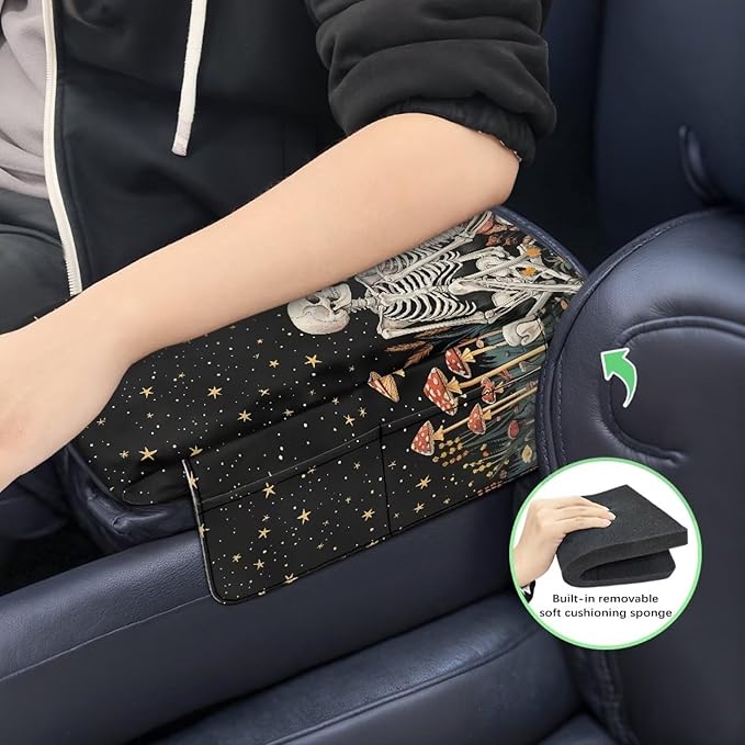 Tupalatus Skull Car Console Cover Car Accessories Mushroom Decor Armrest Cushion Cover Pad Water-Resistant Soft Comfy Armrest Covers Universal Fit for Cars SUV Pick-up Truck