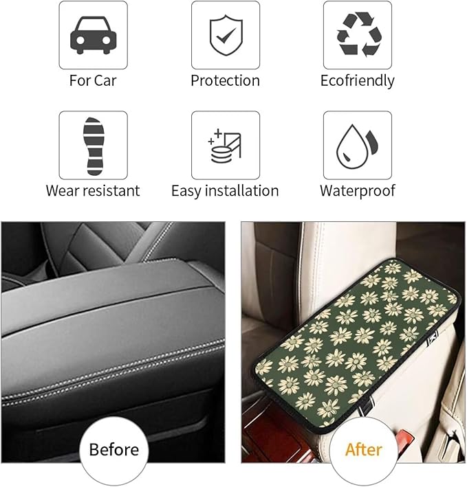 Center Console Cover Sage Green Daisy Middle Console Armrest Lid Hippie Floral Flower Arm Rest Pad Protective Cover for Vehicle SUV Truck Sedans